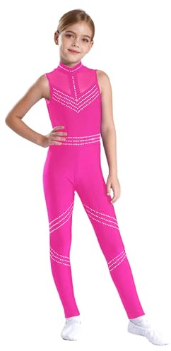 JIZYO Kids Girls Mesh Splice Sleeveless Full Body Unitard Gymnastics Leotard Jumpsuit Bodysuit Catsuit Dancewear Hot Pink 9-10 Years