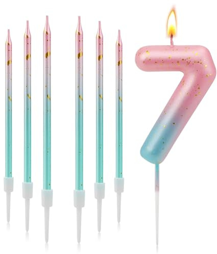 Chiffre 7 en 3D avec Dégradé Rose et Bleu - Bougie d'Anniversaire Réutilisable pour Fille et Garçon - Décoration pour Gâteau