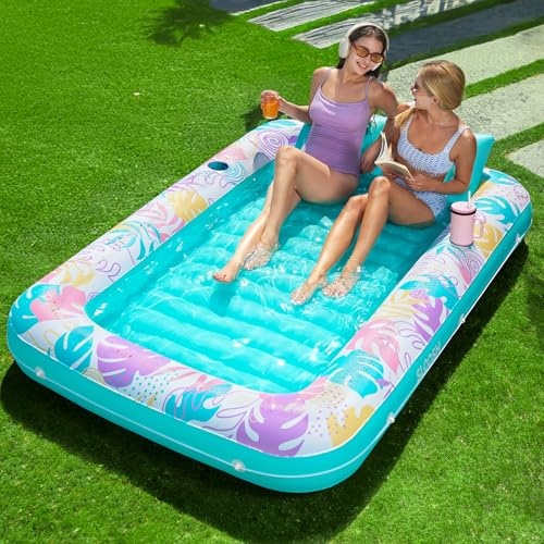 SLOOSH uppblåsbar solstol för pool, 215 cm x 145 cm extra stor pool flyttar vuxen med kudde, 4 i 1 solbrun badflotte, solsäng vardagsrum för vattenfestpresenter, XL-tropisk blå