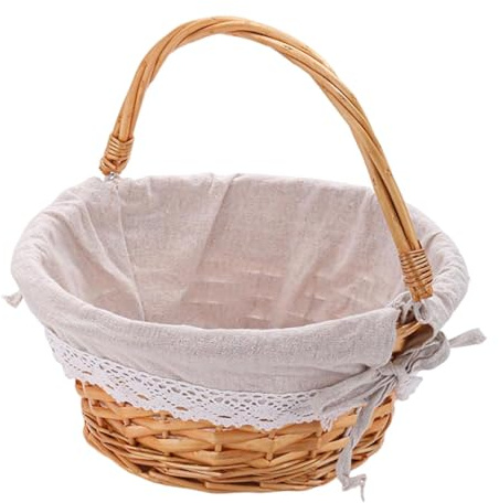 Qianly Panier à Fruits Rond en Rotin Tressé avec Anse, Accessoire Portable Au Charme Rustique et Fait Main pour Pâques, Traditionnel et Polyvalent, Taille L Marron Clair