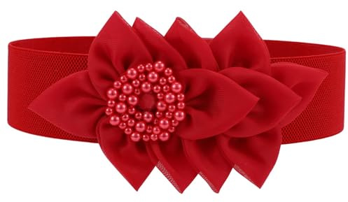 VONMELLI Women Wide Elastic Belt Fashion Waist Belts for Women Dresses Stretchy Flowers Decor Belt, Red S