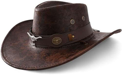 Zrughno Cowboy Hat Western Leather for Women Men Cowgirl Black Brown Cow Girl Cow Boy Female Ladies Traditional Wide Brim Large Classic Buckle Belt Cattleman Shapeable Hats Party Costume Outfit(Brown)