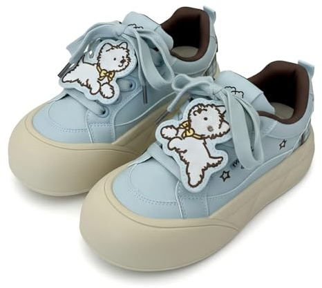 Women's Platform Sneakers Cartoon Puppy Embroidery School Walking Shoes Trendy Fashion Trainers Comfortable Low Top Creepers Stylish Casual Kicks (Blue,5)