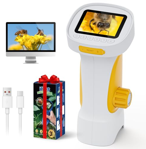 Microscope Enfant, Ahalfcit Microscope Numérique avec Écran HD IPS 2.4, 1000X Appareil Photo Portable de Poche, Jouet Exploration Nature, Cadeau STEM pour Enfants 3-12 Ans (Blanc)