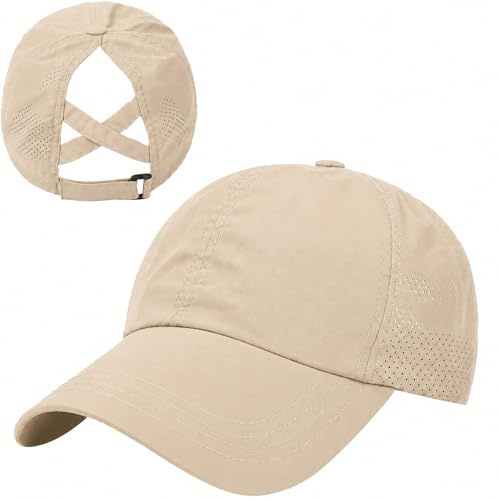 GEEKPC Women's Baseball Cap with Ponytail Hole for Outdoor Sports - Adjustable Quick-Dry Mesh Hat for Hiking Tennis Golf and Sun Protection, Breathable Foldable Beige Hat with Pre-Curved Brim