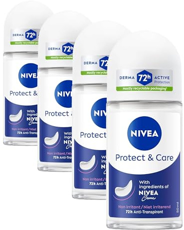 NIVEA - Déodorant Bille Protect & Care - Déodorant Femme 72H Anti-Transpirant Aisselles - Avec Ingrédients de NIVEA Crème - 0% Alcool - Tous Types de Peaux - 50 ml (Lot de 4)