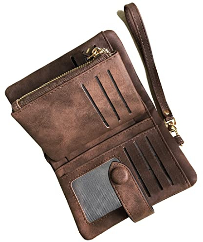 AOXONEL Women's Small Bifold Leather wallet Rfid blocking Ladies Wristlet with Card holder id window Coin Purse (Brown)