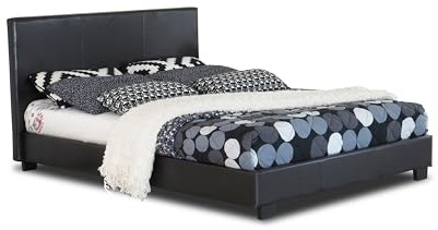 Modernique Black Faux Leather Low End Bed Frame in 4ft Small Double, High Headboard with Sprung Wooden Slatted Bed Base