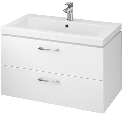 ECOLAM Badmöbel Waschtisch Waschbecken Como 60/80 / 100 cm + Schrank Lara Waschbecken mit Unterschrank 2 Schubladen weiß glänzend (80 cm)