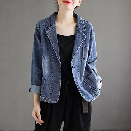 Giacca Donna, Blazer Di Jeans Da Donna Giacca Vintage Blu Lavaggio Sbiadito Risvolto Manica Lunga Bottone Cappotto Di Jeans Moda Allentata Corta Cappotto Di Jeans Invecchiato Capispalla Casual Top
