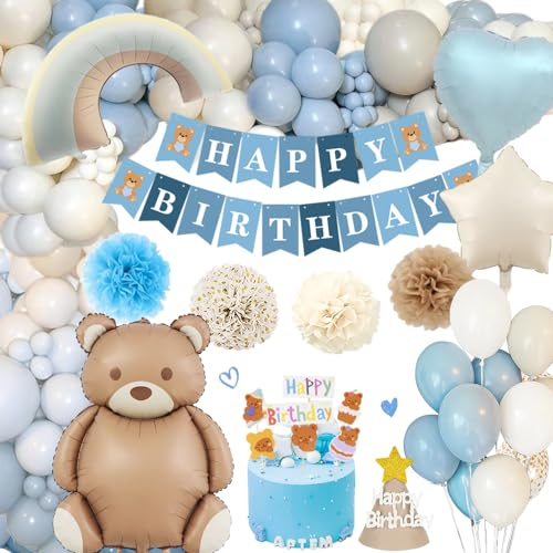 Decoration Anniversaire Garcon, Ballon Anniversaire Thème Ours avec Ballons Bleu Poussiéreux, Chapeau Anniversaire, Géant Ballons Aluminium Ours pour 1 2 3 4 5 6 7 8 9 10 Ans Deco Anniversaire Garçons