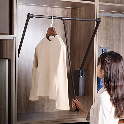Closet Rod Garment Bar, Hanging Clothes Rods Adjustable Pull Down Closet Rod Side Mount with Handle, Black Heavy Duty Wardrobe Rail Closet Pole for Hanging Clothes Scarf Pants Dress Shirts Suit, High