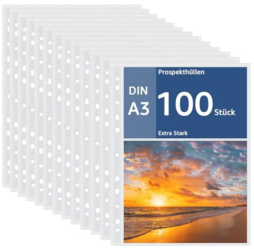 APACALI 100 Fundas A3 de 0,05 mm Con Perforación Extra Fuertes, Apertura Superior en Plástico Transparente para Carpetas