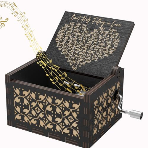 Can't Help Falling in Love Music Box-Mini Laser Engraved Vintage Wooden Hand Crank Mini Music Box，Christmas,Valentine,Birthday Gifts for Wife Girlfriend Women (Can't Help Falling in Love(Black))