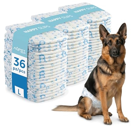 Aqpet Lot de 36 Couches hygiéniques pour Chiens mâles avec Fermeture adhésive réglable, Anti-Odeur, jetables, Grande Taille 650 x 200
