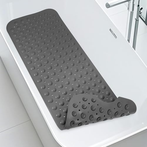 WarmSnow(TPE) Long Bathtub Mat Non Slip 39.5 x 16 Inch, Inside Shower Mats with Suction Cups & Drain Holes, Soft TPE Bath Mat for Tub, Quick-Drain Bathroom Floor Mats, Dark Gray