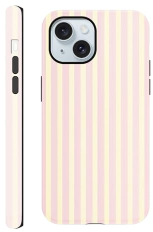 Yirlbey Striped mobiltelefonfodral för iPhone 15 fodral 6,1 tum, estetisk rosa gula ränder mönster motiv design för flickor skyddande fodral två lager stötsäker mjuk färgglad silikon TPU stötdämpande