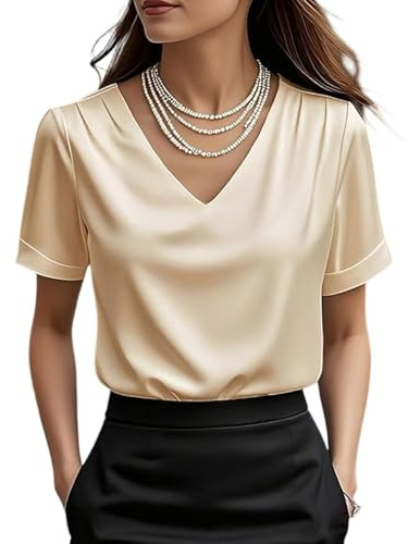 Chemise Satin Femme Chic Et Élégant Blouse Satinée Femme Col en V Manches Courtes Chemisier Satin Doux Top De Bureau Tunique Shirts Haut Soie pour Fête,Mariage,Soirée Cocktail