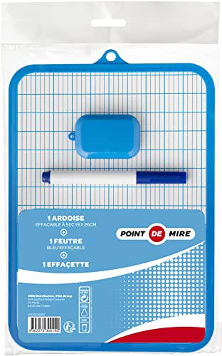 POINTE DE MIRE - Ardoise blanche double face 19x26 cm effaçable à sec avec feutre bleu effaçable à sec et effacette - Turquoise, Lot de 1