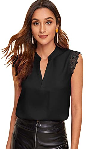 Milumia Women's Elegant Notch V Neck Sleeveless Blouse Guipure Lace Work Office Top (Black, Small, Sleeveless)