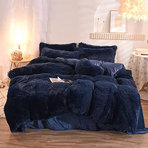 LGYKUMEG Bed linen warm winter plush long hair fluffy flannel beaver duvet cover with zipper and pillowcase 4-piece set,Dark blue,200 * 230cm