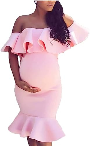 Ruffle Off-The-Shoulder Maternity Dress for Baby Shower, Short Sleeve Mermaid Bodycon Midi Formal Pregnancy Dress for Women, A-Pink, XS