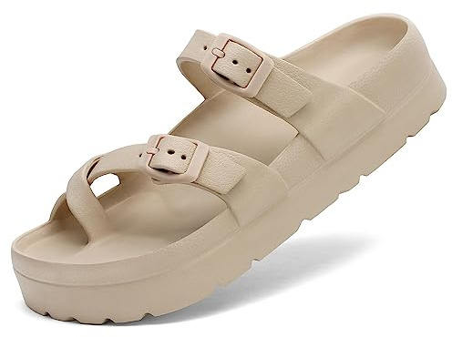 TIKVAW Womens Arch Support Platform Sandals Comfort Slides Thick Soles Flat Sandals With Adjustable Buckle & Ultra Cushion Beige Size 7.5