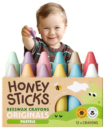 Honeysticks Lápices de colores de cera de abeja (paquete de 12) - Colores pastel, no tóxicos, seguros para niños 1 +, hechos con cera de abeja natural y colores de calidad alimentaria