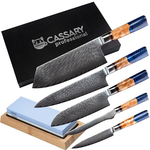 Set coltelli da cucina professionali giapponesi in acciaio damasco con pietra affilacoltelli professionale. Coltello damasco giapponese con pietra per affilare per chefs e amanti della cucina (5 set)