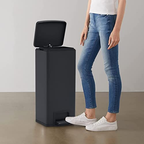 BaraSh Dustbin with Pedal Anti-fingerprint 30L Black Stainless Steel,Recycling Kitchen Pedal Bin with Lid Lock, Silent Soft Close Lid, Built In Wheels, Stay-Open Lid