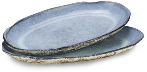 roro Rustic Handmade Ceramic Stoneware Oval Plates, Reactive Blue, Set of 2 – Textured Finish Artisan Serving Plates