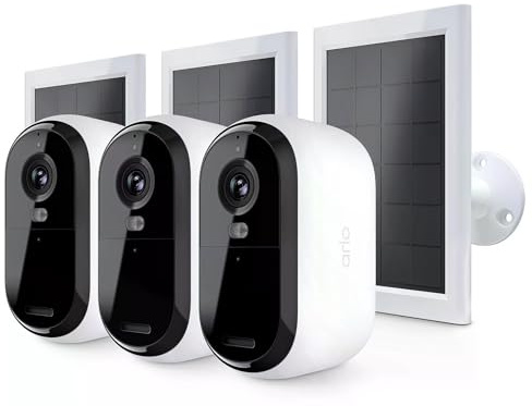 Arlo Essential 2K HD Überwachungskamera Aussen & 3x Solar, Kabellos, 2K Video, Farbnachtsicht, Licht, Bewegungsmelder, Sirene, 2-Wege Audio, Smart Home + Arlo Secure Plan Testzeitraum, 3er Set, Weiß