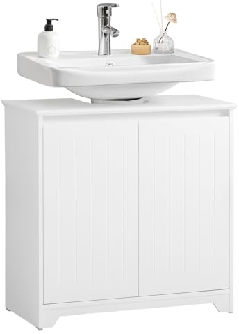 SoBuy BZR108-II-W Mueble para Debajo del Lavabo Fregadero Armario de Baño de Suelo con 2 Puertas 60 x 30 x 60 cm Blanco ES