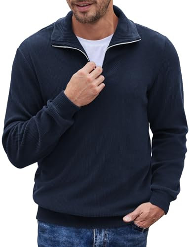 COOFANDY Troyer Herren 1/4 Zip Strickpullover Männer Solid Langarm Winterpullover Navy Blau L