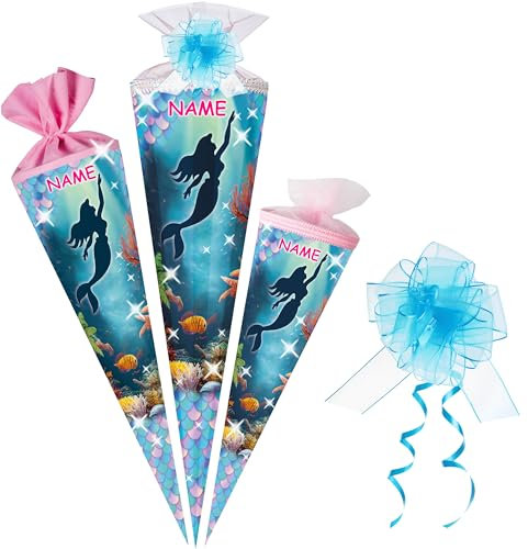 alles-meine.de GmbH Schultüte - Meerjungfrau - 35-85 cm - Größe wählbar - Spitze wählbar - inkl. Name + Tüll Schleife - Zuckertüte - Tüll - oder Filzabschluß - eckig/rund - k..