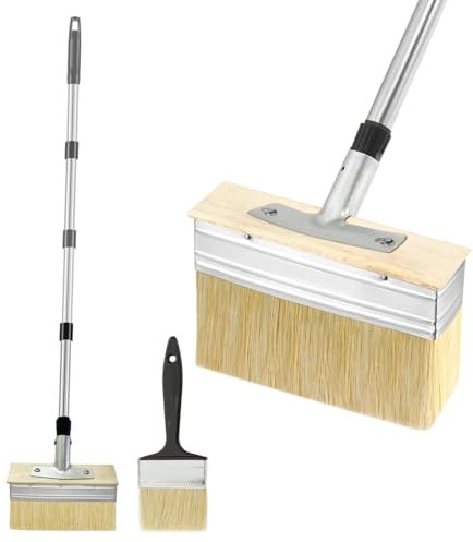 7 Decking Paint Brush with 60 Long Handle,Deck Stain Applicator for Wood Floor, Fence Wall Furniture, Oil Staining, Decking Paints, Decking Stains, Deck Coatings, include 4 Paint Brush