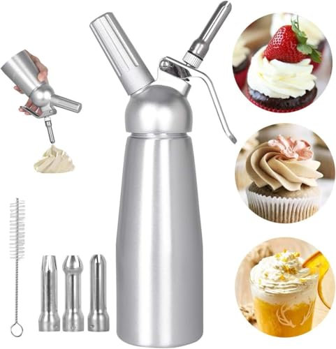 Funthy Sifone Chantilly da 500 ml, sifone per crema in alluminio, con 3 boccole in acciaio inossidabile e 1 spazzola per la pulizia, per la decorazione di torte di compleanno, pasticceria gelato e