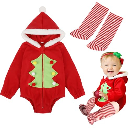 TAGVO Toddler Baby Christmas Elf Costume, Toddler Baby 1st Christmas Outfit Warm Santa Clothes Sets Christmas Baby Bodysuit Long Sleeve Hooded Triangle Bodysuit & Sockliner for Baby 3-24 Month