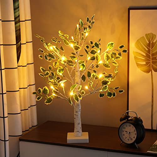 ACAREY LED Baum Lichter mit Timer Für Frühlingsdeko Osterdeko, Grüne Blätter Lichterbaum mit 24 Warmweiß LEDs, 60CM Led Baum Innen USB & Batteriebetrieben, Künstlicher Baum Für Frühling Deko (B)