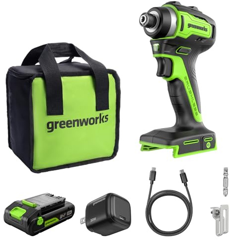 Greenworks 24V Brushless Cordless Impact Driver (1950 in-lbs.), 1/4 Hex Collet, 2.0Ah USB-C Battery, 30W USB-C Charger & 3.3FT Braided Cable, Compatible with iPhone/iPad/Samsung & More