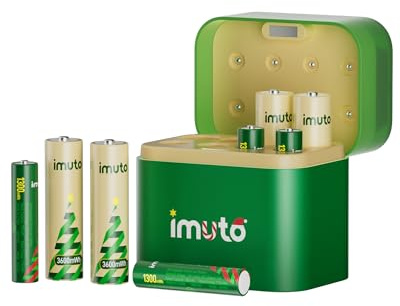 imuto Batterie ricaricabili AA×4 e AAA×4 al litio con caricabatterie ibrido, 1,5V Pile tripla A e doppia A (3A), batteria agli ioni di litio con caricabatterie ibrido Ni-MH/litio (edizione natalizia)