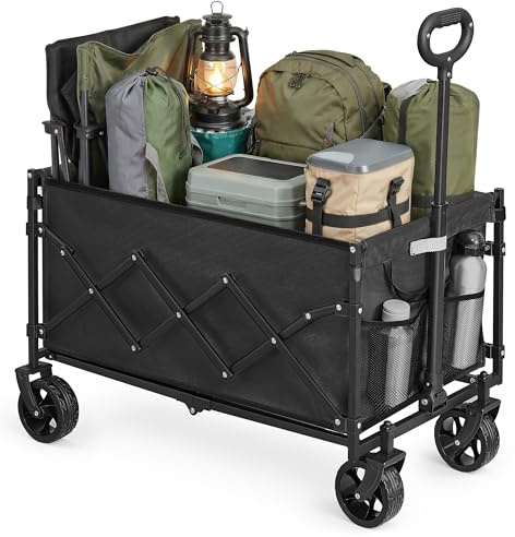 SONGMICS Chariot de Transport Pliable, Chariot de Campings, Compact, avec Poignée, 4 Roues Renforcées Dont 2 Roues Universelles, Extérieur, Jardin, Charge 120 kg, 150 L, Noir d'encre GFW150BH01