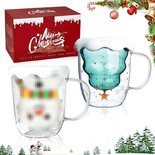 Set di 2 tazze natalizie, bicchieri da caffè a doppia parete, tazze natalizie a forma di pupazzo di neve e albero di Natale, divertenti regali di Natale per donne, bambini, uomini, per bevande calde e