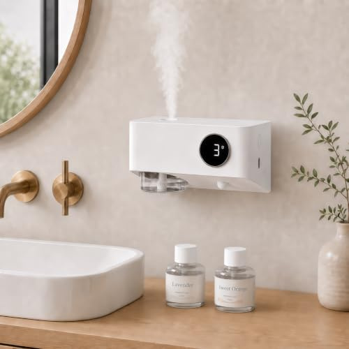 Difusor Aceites Esenciales con Sensor de Movimiento, Luz Nocturna y Temporizador, de Sobremesa o Montaje en Pared, Difusor de Aromas Sin Depósito de Agua, 80ml Lavanda & Naranja para Baño Dormitorio