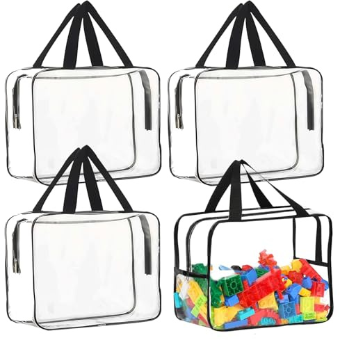 Toy Storage Bags, 4 Pcs Clear PVC Toy Storage Bags, Clear PVC Toys Organiser Bag with Handle Reusable Waterproof Travel Case Pouch for Building Blocks Puzzle Balls Pretend Play Toys(30x20x10cm)