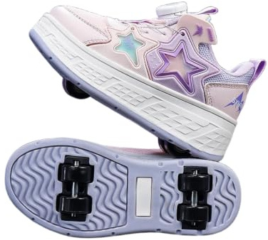 JJDFW Barn fyra hjul indragbara rullsneakers, nätöverdel med vridlåsstängning och stjärndesign, lätt yttersula för promenader och skridskoåkning 2-i-1, rosa lila