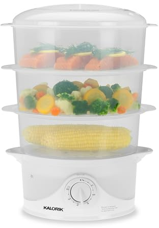 Kalorik Electric Food Steamer with Manual Controls 3-Tier with BPA Free Dishwasher Safe Baskets, 800 Watts and 60-Minute Timer Turbo Steam Feature and Easy Refill, 9-Quarts, White