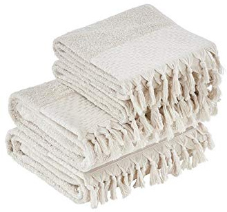 4er Set aus 2X Handtuch + 2X Gästetuch mit Fransen für´s Bad - Done Provence BOHÈME - 4 Farben möglich - Baumwolle, Done:beige 0304