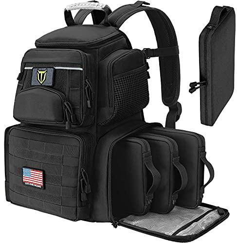 TIDEWE Tactical Range Backpack with Removable Divider, Handgun Backpack with 4 Pistol Case for Handguns, Range Bag with Hard Glasses Case (Black)