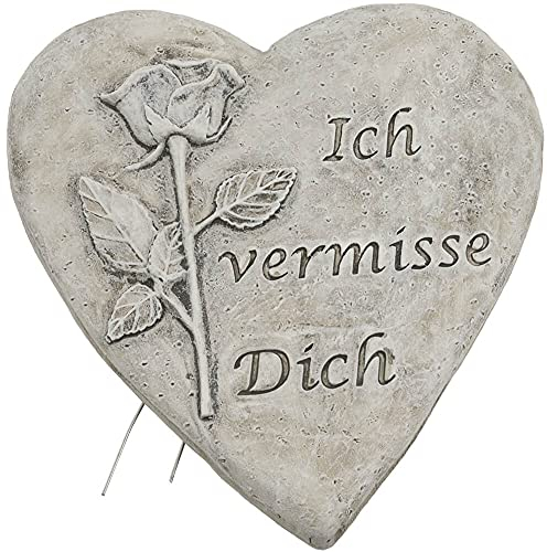 matches21 Schöner Grabschmuck Herz für Grabgestecke - Grabherz mit Rose ICH VERMISSE Dich aus Kunststein - Herz Dekoration für Friedhof 12,5 x 11,7 x 1,6 cm